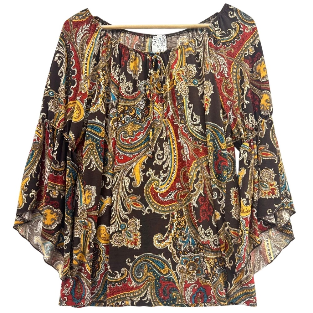 Naif Paisley Print Bell Sleeve Peasent Blouse Top SZ XL Boho Hippie Retro Fall